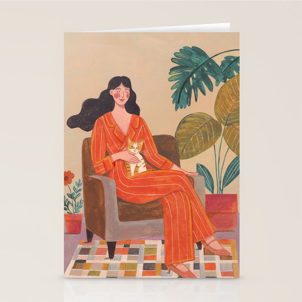 Woman with cat in living room in warm earth tones Stationery Card Gallery Image 2