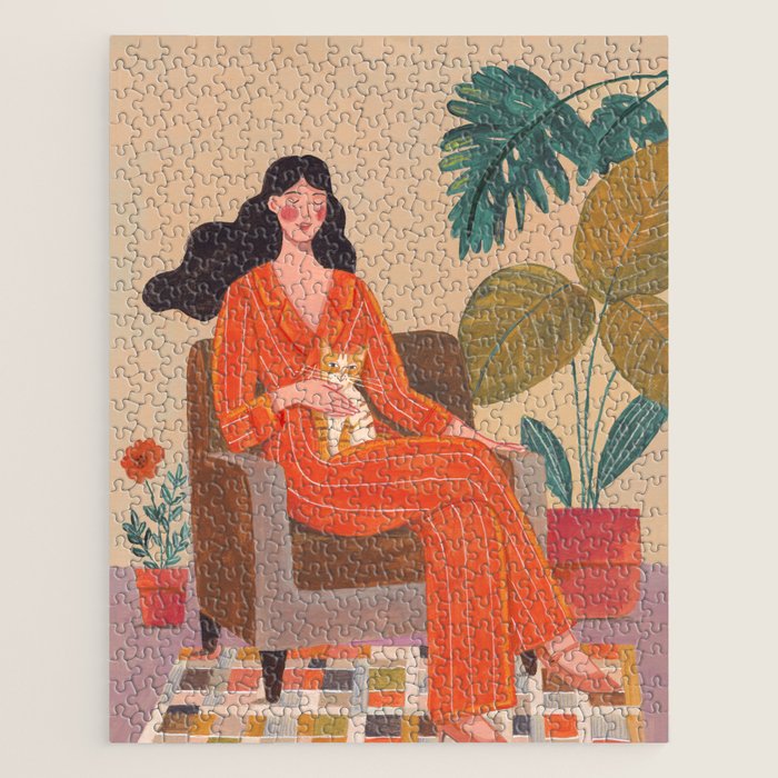 Woman with cat in living room in warm earth tones Jigsaw Puzzle Gallery Image 1