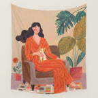 Woman with cat in living room in warm earth tones Wall Tapestry Gallery Image 4