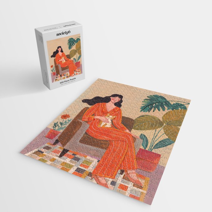 Woman with cat in living room in warm earth tones Jigsaw Puzzle Gallery Image 2