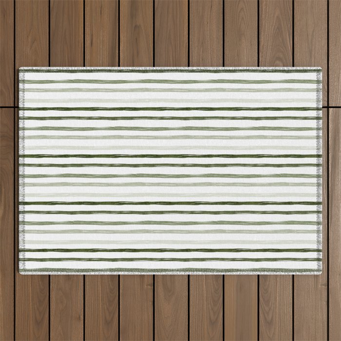 Watercolor Green and White Striped Outdoor Rug Gallery Image 1