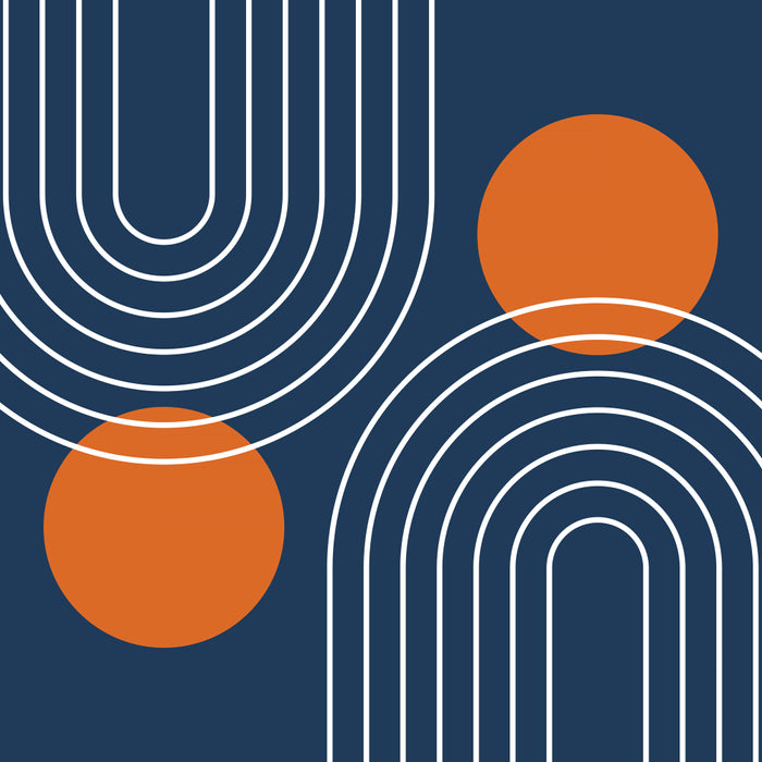 Mid Century Modern Geometric 83 in Navy Blue and Orange (Rainbow and Sun Abstraction) Coffee Mug Gallery Image 2