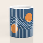 Mid Century Modern Geometric 83 in Navy Blue and Orange (Rainbow and Sun Abstraction) Coffee Mug Gallery Image 4