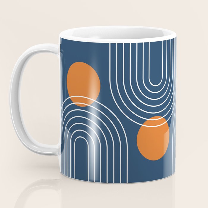 Mid Century Modern Geometric 83 in Navy Blue and Orange (Rainbow and Sun Abstraction) Coffee Mug Gallery Image 3