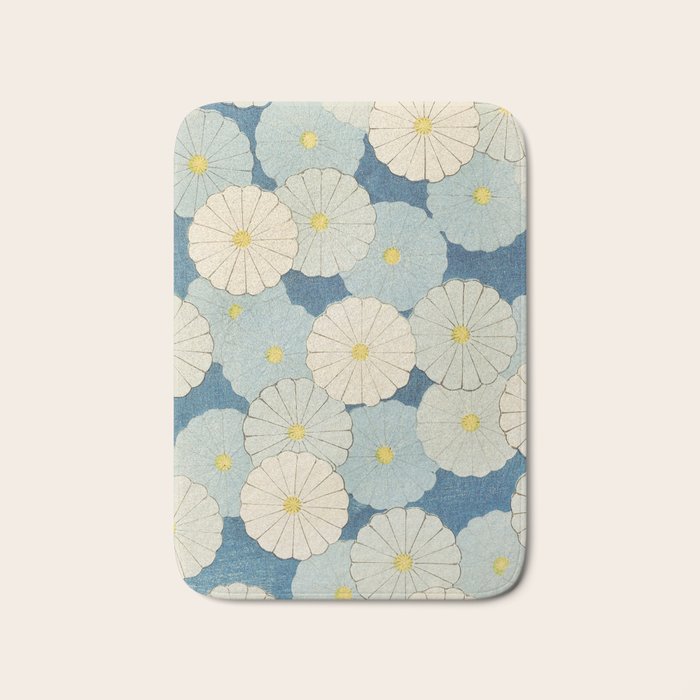 Vintage Japanese Floral Pattern Blue Chrysanthemum Bath Mat Gallery Image 1