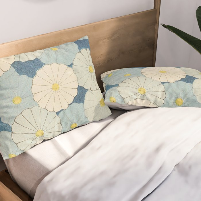 Vintage Japanese Floral Pattern Blue Chrysanthemum Pillow Sham Gallery Image 2