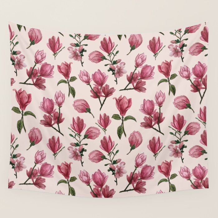 Pink Magnolia Blossoms Wall Tapestry Gallery Image 4