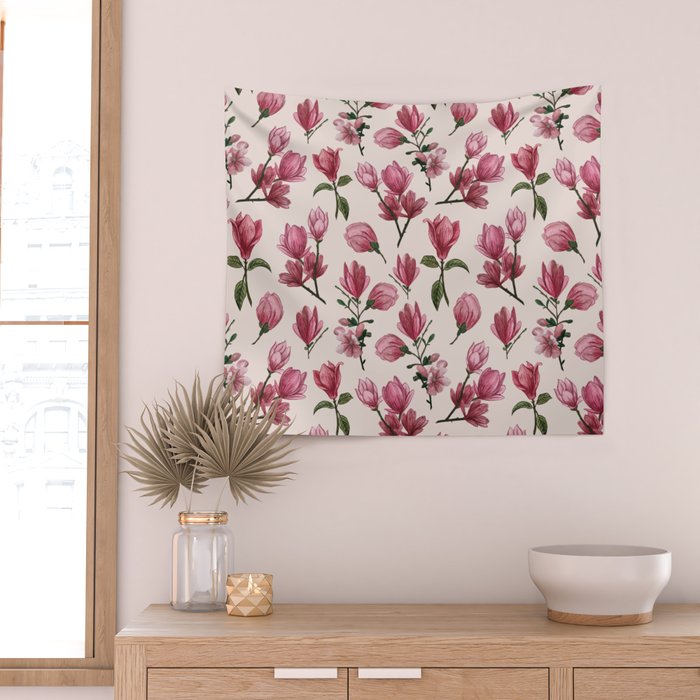 Pink Magnolia Blossoms Wall Tapestry Gallery Image 2