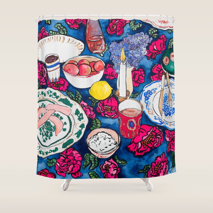 Friendsgiving Floral Tablescape Painting Shower Curtain Gallery Image 1