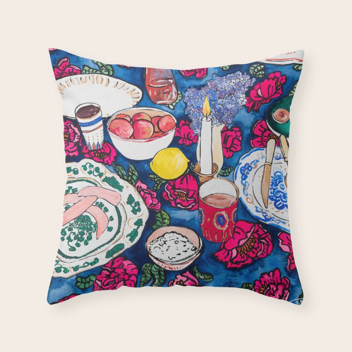 Friendsgiving Floral Tablescape Painting Throw Pillow Gallery Image 6