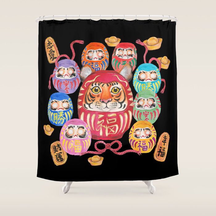 Japanese Tiger Daruma with small Darumas Shower Curtain Gallery Image 1