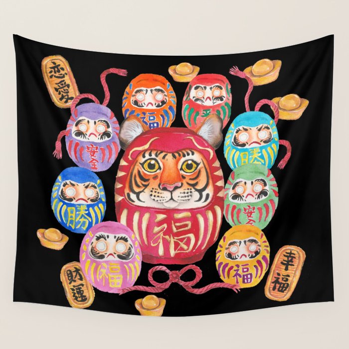 Japanese Tiger Daruma with small Darumas Wall Tapestry Gallery Image 4