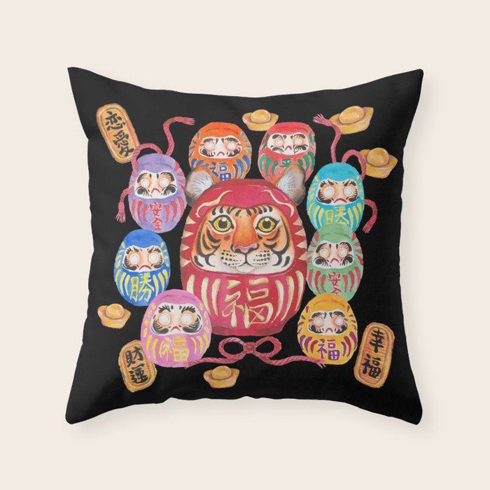 Japanese Tiger Daruma with small Darumas Throw Pillow Gallery Image 6