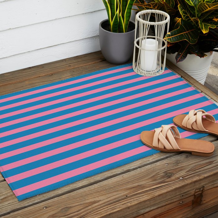 Fun Stripes Pink and Blue Narrow Retro Contemporary Stripe Pattern Outdoor Rug Gallery Image 2
