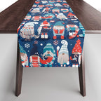 Let it gnome // blue background little Santa's helpers preparing for Christmas neon red classic oxford and pastel blue dressed gnomes Table Runner Gallery Image 1