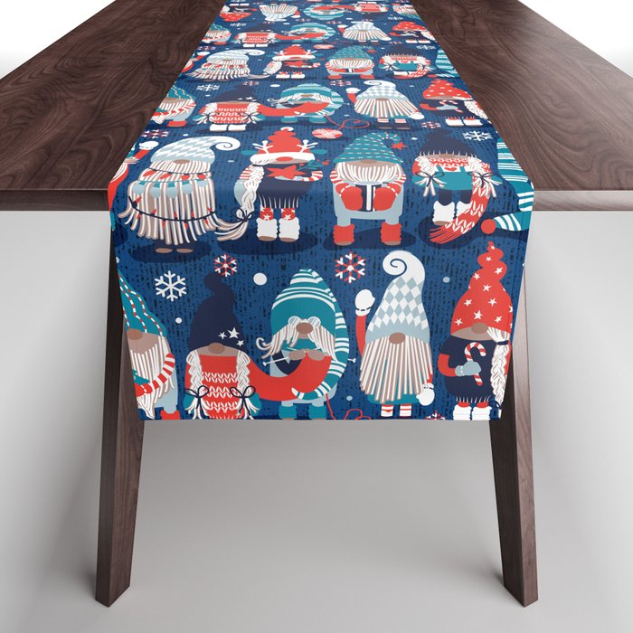 Let it gnome // blue background little Santa's helpers preparing for Christmas neon red classic oxford and pastel blue dressed gnomes Table Runner Gallery Image 1