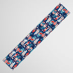 Let it gnome // blue background little Santa's helpers preparing for Christmas neon red classic oxford and pastel blue dressed gnomes Table Runner Gallery Image 3