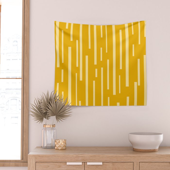 Interrupted Lines Mid-Century Modern Minimalist Abstract Geometric Pattern in Honey Mustard Wall Tapestry Gallery Image 2