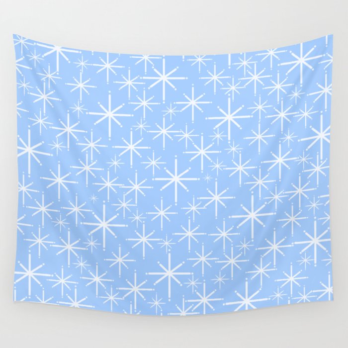 Light Blue Mid Century Modern Twinkling Stars Retro Atomic Pastel Pattern Wall Tapestry Gallery Image 1