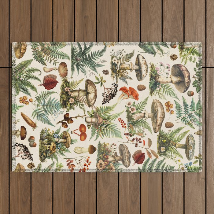 Woodland Vibes Mushroom And Fern Pattern Outdoor Rug Gallery Image 1