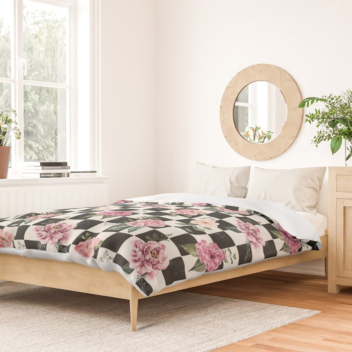 Moonlit Hollow Vintage Checkered Floral Duvet Cover Gallery Image 2