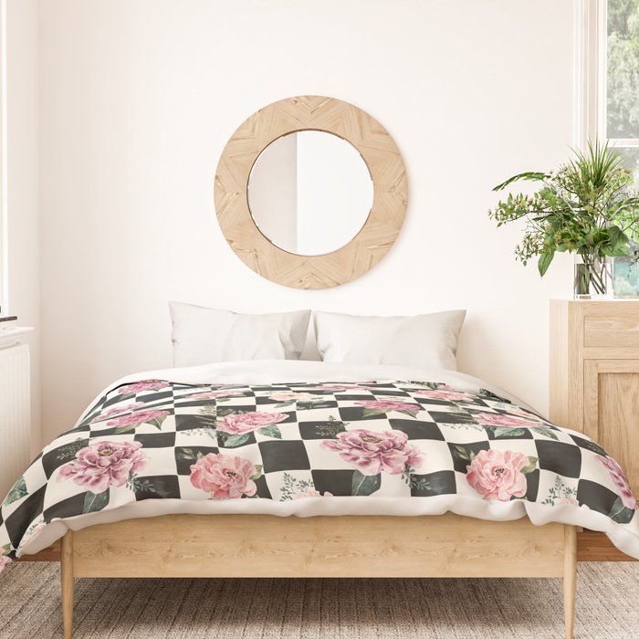 Moonlit Hollow Vintage Checkered Floral Duvet Cover Gallery Image 3