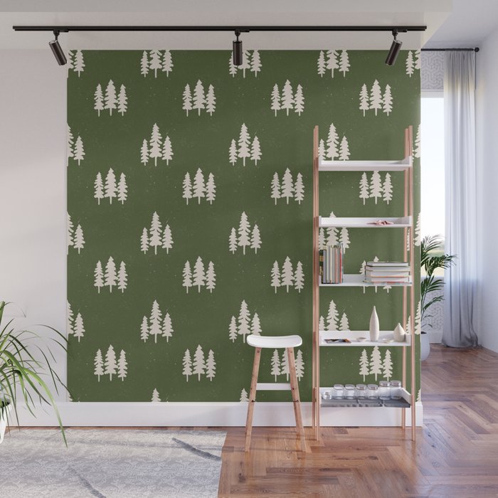 Forest Green Pines Trees Wanderlust Pattern Wall Mural Gallery Image 1