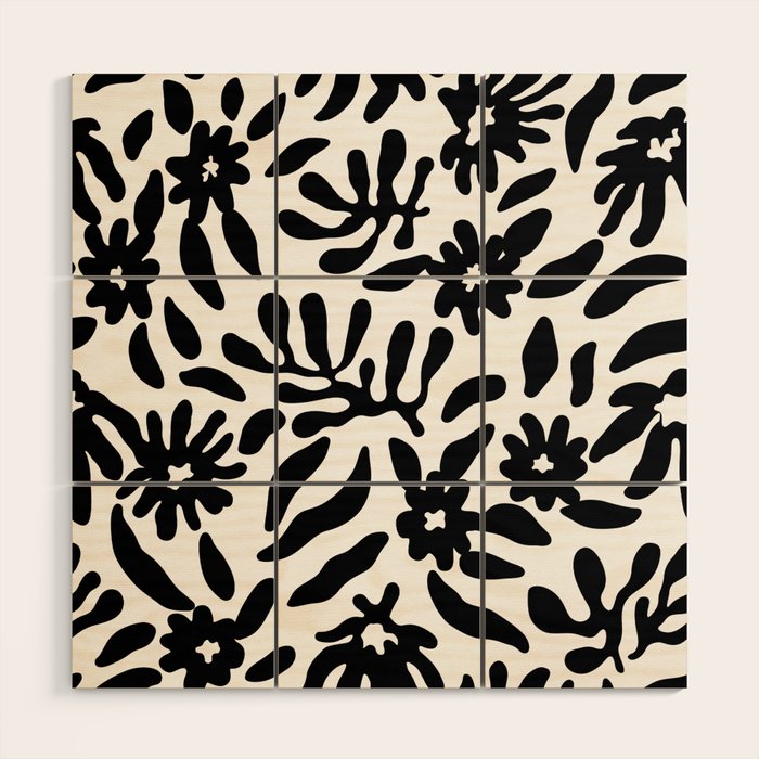 Black and white flower nature pattern Wood Wall Art Gallery Image 1