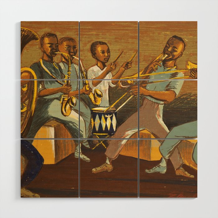 African American Masterpiece 'Harlem Musicians' WPA musical painting by Elizabeth Olds Wood Wall Art Gallery Image 1