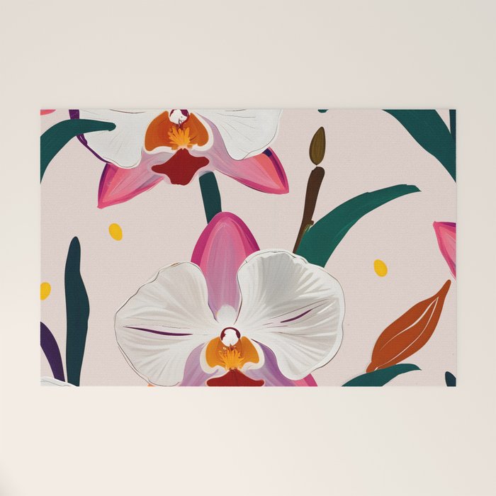 Pink Orchids, Floral Nature Vintage Botanical Painting, Flowers Pastel Subdued Elegant Garden, Plants Spring Blossom Illustration Welcome Mat Gallery Image 1