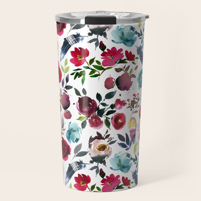 Burgundy pink teal blue watercolor boho floral Travel Mug Gallery Image 1