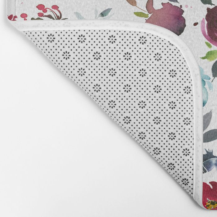 Burgundy pink teal blue watercolor boho floral Bath Mat Gallery Image 2