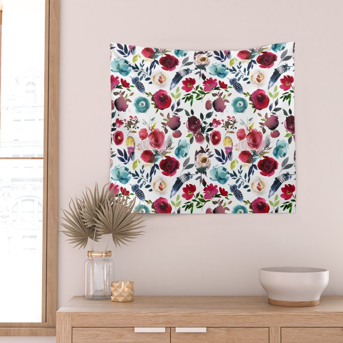 Burgundy pink teal blue watercolor boho floral Wall Tapestry Gallery Image 2