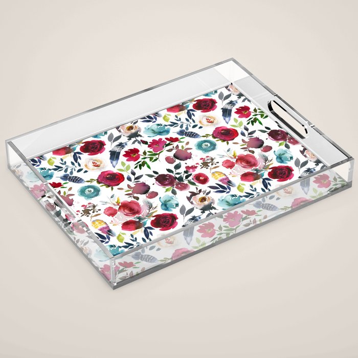 Burgundy pink teal blue watercolor boho floral Acrylic Tray Gallery Image 1
