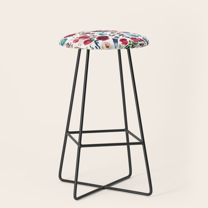 Burgundy pink teal blue watercolor boho floral Stool Gallery Image 1