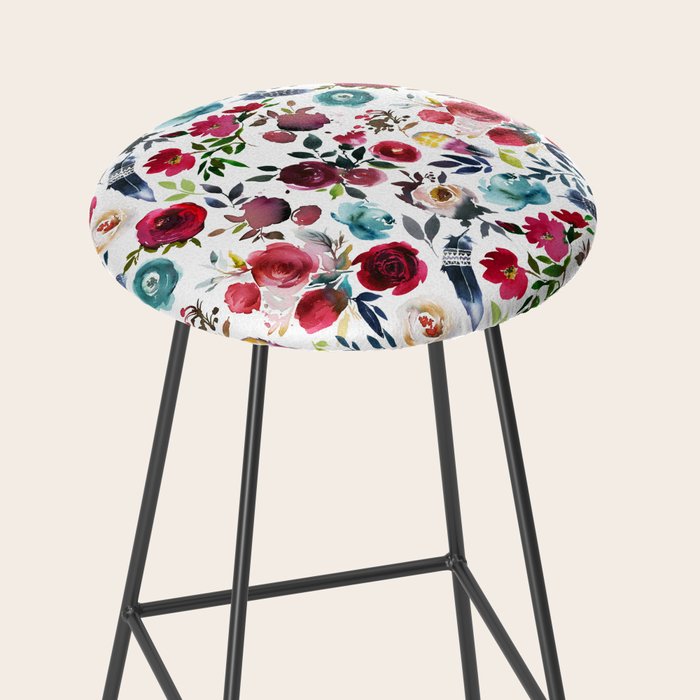 Burgundy pink teal blue watercolor boho floral Stool Gallery Image 2