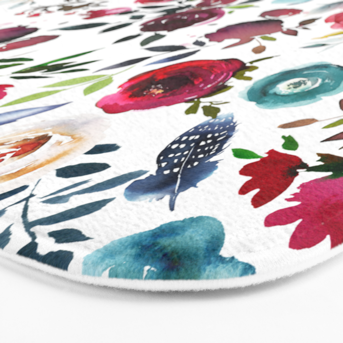 Burgundy pink teal blue watercolor boho floral Bath Mat Gallery Image 3