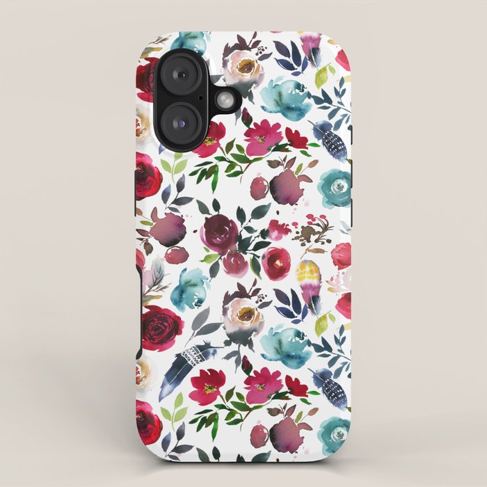 Burgundy pink teal blue watercolor boho floral iPhone Case Gallery Image 1