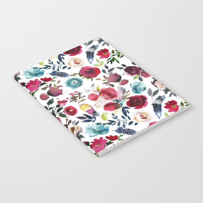 Burgundy pink teal blue watercolor boho floral Notebook Gallery Image 1