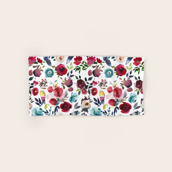 Burgundy pink teal blue watercolor boho floral Towels Gallery Image 1