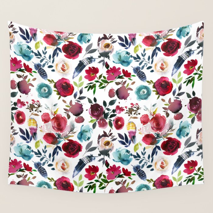Burgundy pink teal blue watercolor boho floral Wall Tapestry Gallery Image 4