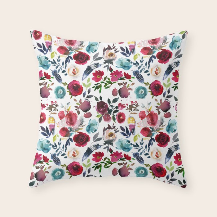 Burgundy pink teal blue watercolor boho floral Throw Pillow Gallery Image 6