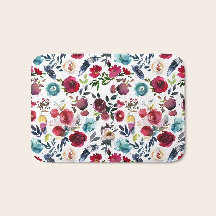 Burgundy pink teal blue watercolor boho floral Bath Mat Gallery Image 1
