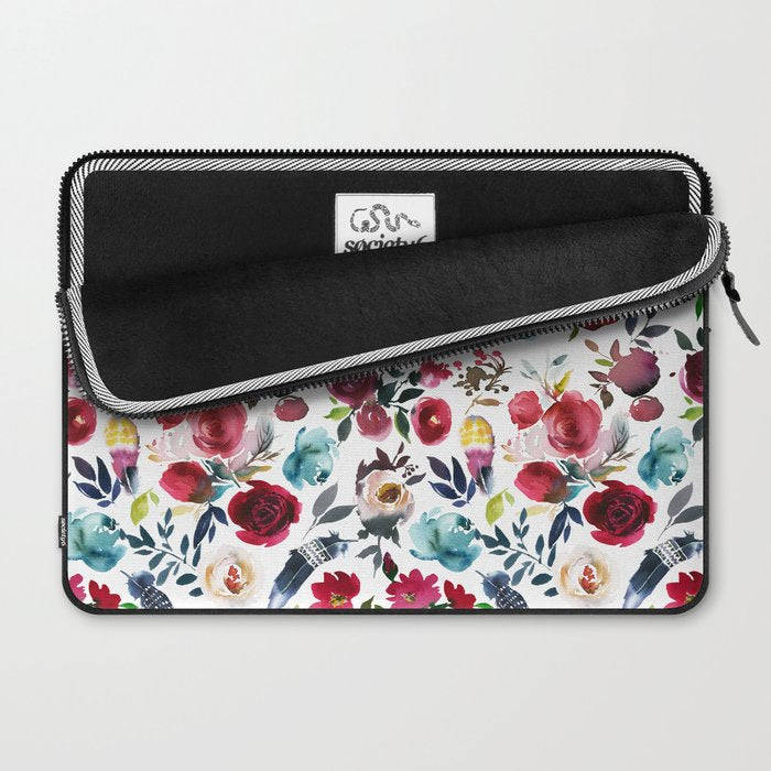 Burgundy pink teal blue watercolor boho floral Laptop Sleeve Gallery Image 2