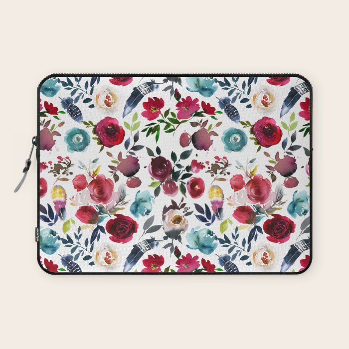 Burgundy pink teal blue watercolor boho floral Laptop Sleeve Gallery Image 1