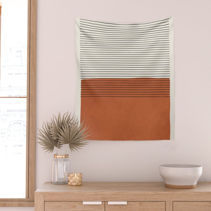 Terracotta Thin Black Lines Artwork Wall Tapestry Gallery Image 2