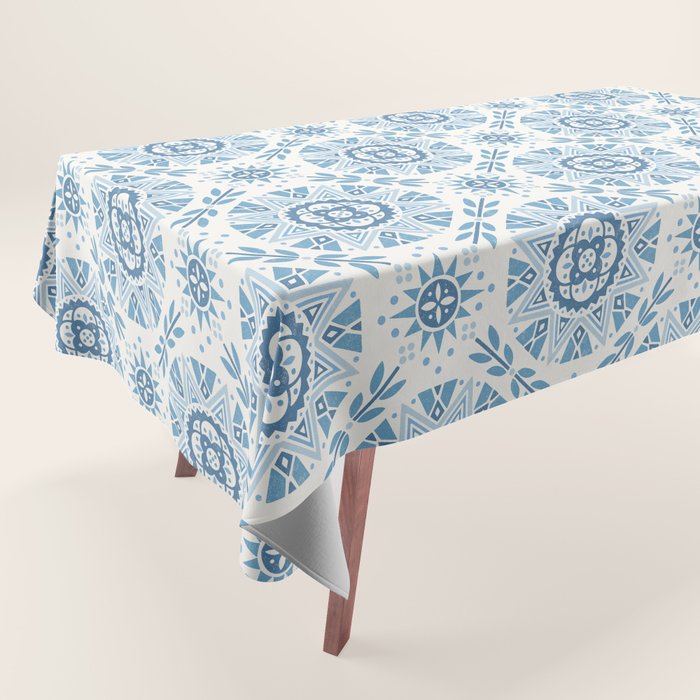 Folk Art Shapes Block Print - Blue Tablecloth Gallery Image 1