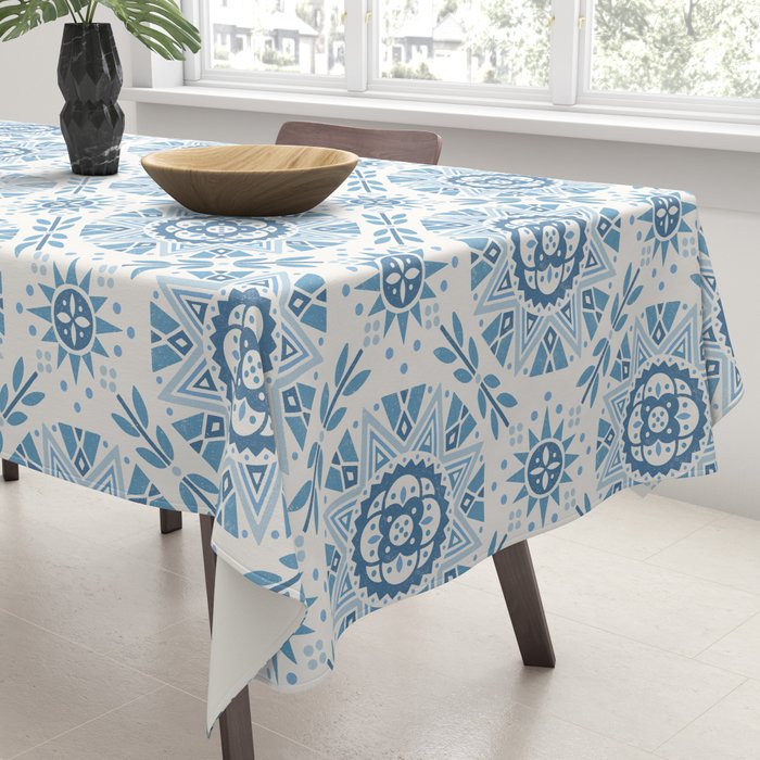 Folk Art Shapes Block Print - Blue Tablecloth Gallery Image 3