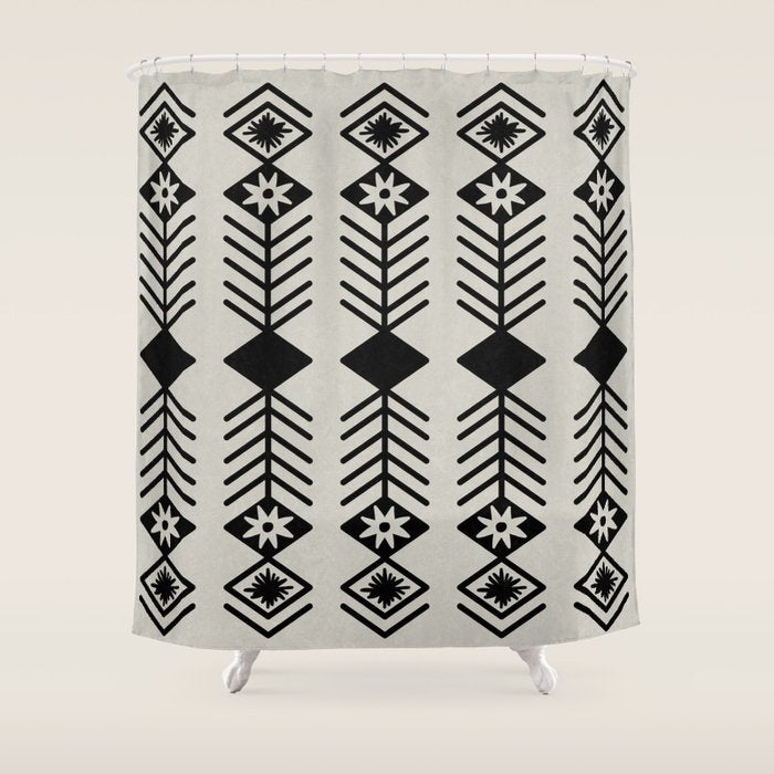 Black aztec lines and flowers on neutral Shower Curtain Gallery Image 1