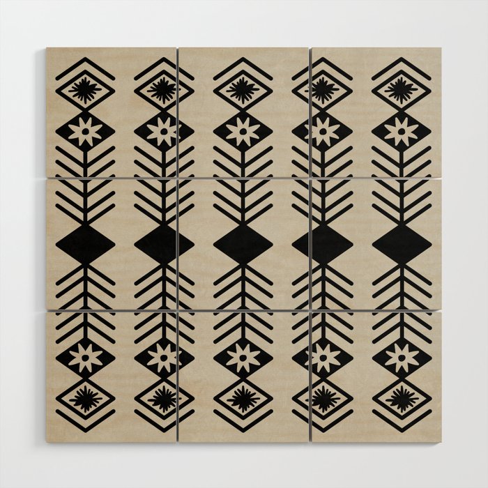 Black aztec lines and flowers on neutral Wood Wall Art Gallery Image 1